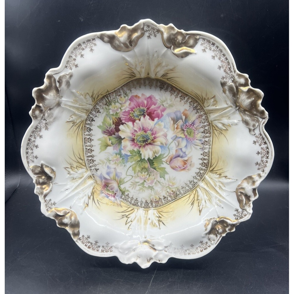 Gorgeous Antique Scalloped Bavarian Large Bowl Hand Painted 10.5" Diameter